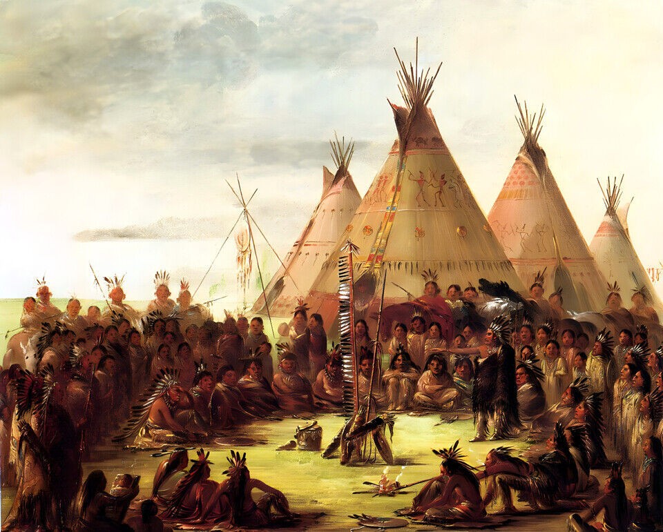 Sioux War Council George Catlin Indians Tipis 1850 Painting Poster Art Print