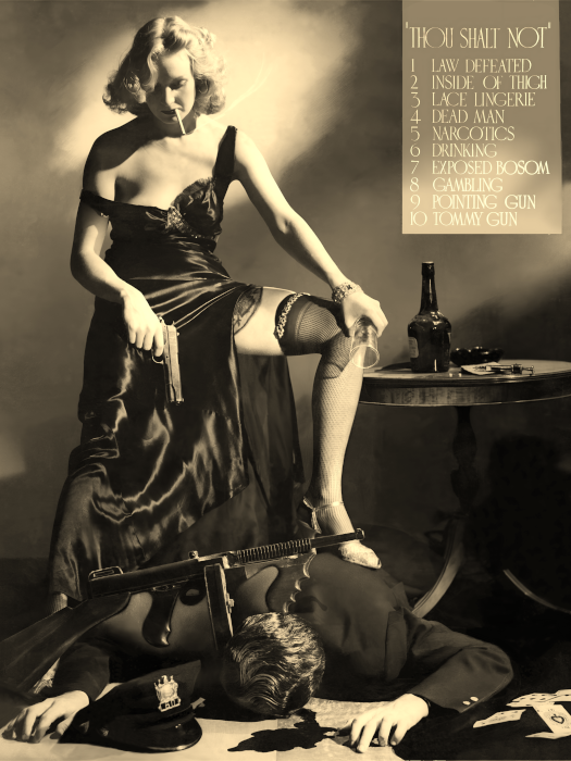 A black and white image depicting a woman in a revealing dress standing over a man lying on the ground, with a gun in her hand.