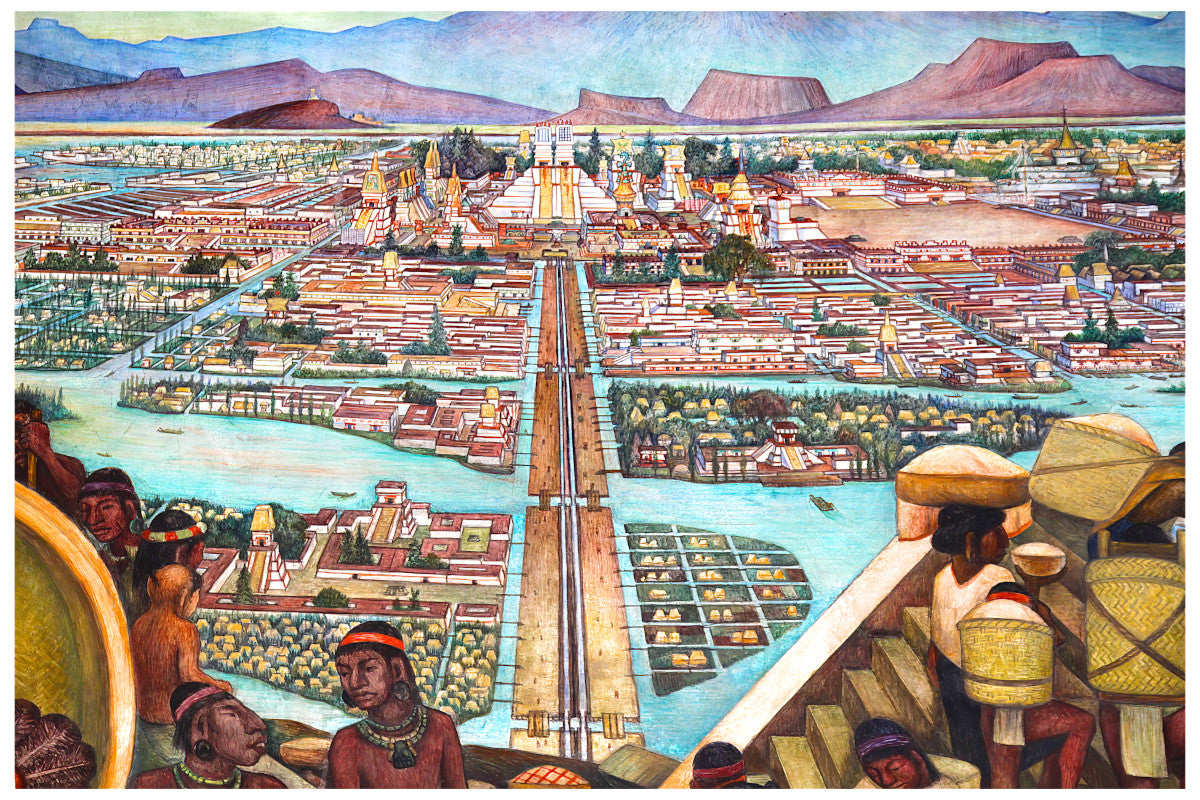 The image is a vibrant mural depicting a sprawling cityscape with a river running through it, surrounded by mountains. The city is densely populated with buildings and structures, creating a bustling and dynamic atmosphere. The mural is a collage of various elements, including people, boats, and other architectural features, contributing to the overall visual appeal and complexity of the scene.