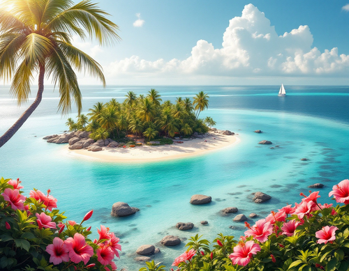 A Tropical Island Paradise with a Sailboat in the Distance Poster Print 18 x 24 in