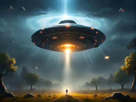 UFO UAP Aliens Alien Abduction Attack Lonely Road Trees Dark Clouds Poster Print 18 x 24 in