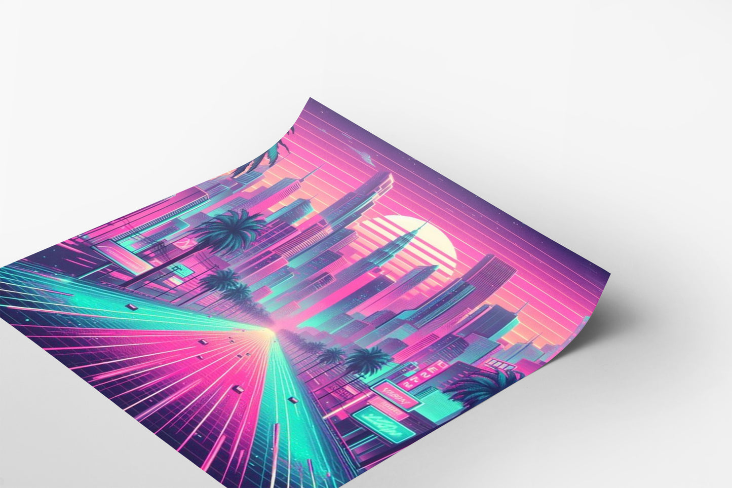 A vibrant, futuristic cityscape with tall buildings, palm trees, and neon lights against a pink and purple sunset sky.