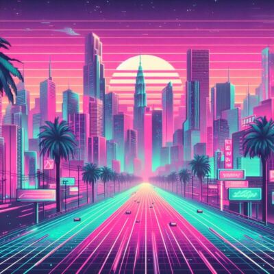 Neon Vaporwave Cityscape City Skyline 80s 90s Domes Poster Art Print 24 x 24 in E