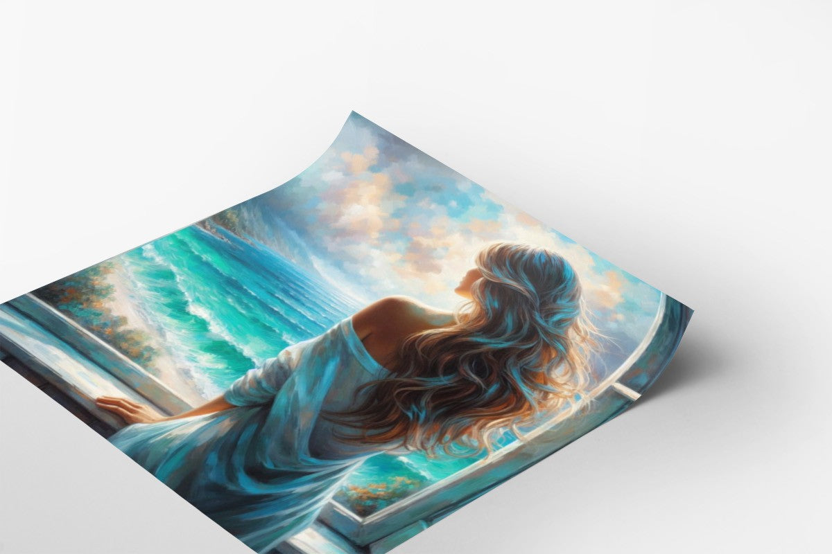 Woman Alone Looking out over Breezy Tropical Sea Clouds Poster Print 24 x 24 in