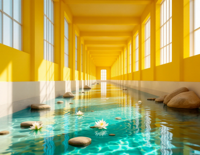 A Turquoise River in a Yellow Hall with Rocks, Water Lilies Poster Print 18 x 24 in