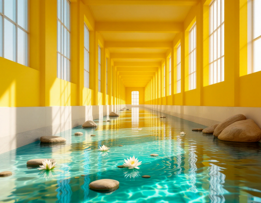A Turquoise River in a Yellow Hall with Rocks, Water Lilies Poster Print 18 x 24 in