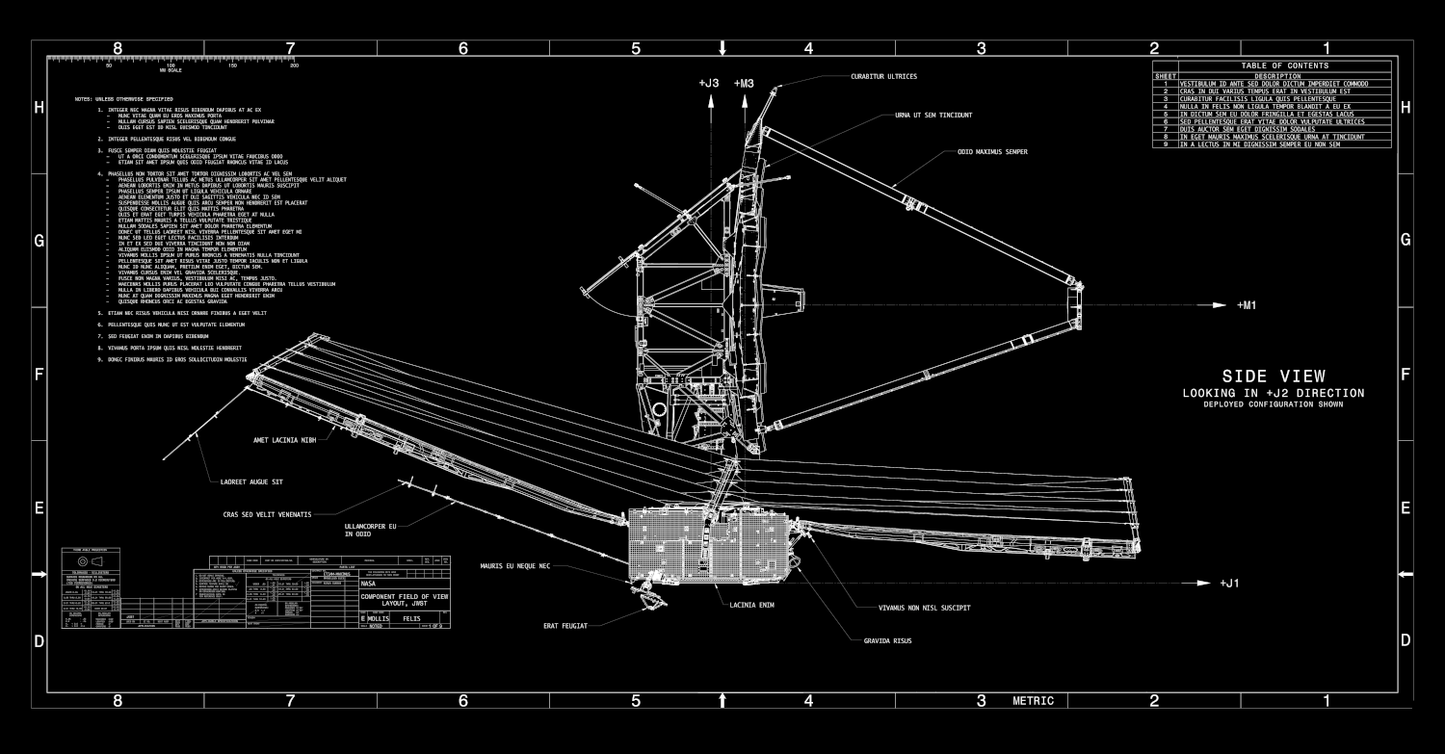 The image is a technical drawing or diagram of a telescope, specifically the James Webb Space Telescope. It shows the various components and parts of the telescope, including the main structure, the main mirror, and the side view of the telescope. The drawing is in black and white, with detailed labels and measurements to provide a clear understanding of the telescope's design and functionality.
