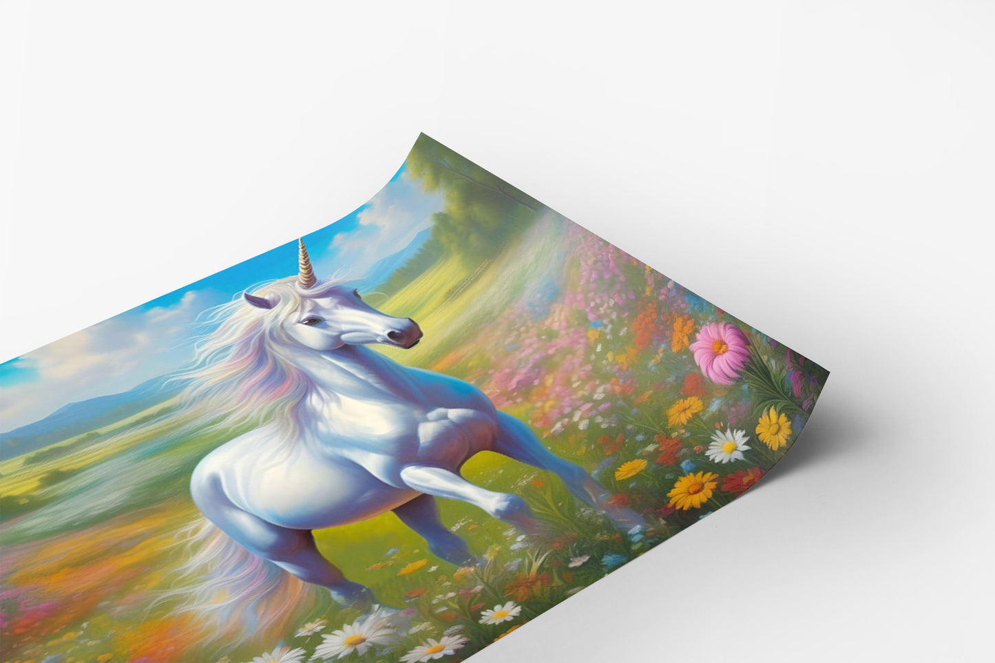 A digital illustration of a white unicorn galloping through a colorful, flower-filled field.