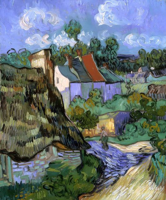 The image is an impressionist painting depicting a rural landscape with a winding path, a small stream, and a village with colorful houses and trees.