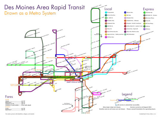 Des Moines IA Iowa Bus System Network as a Metro Subway Map DART