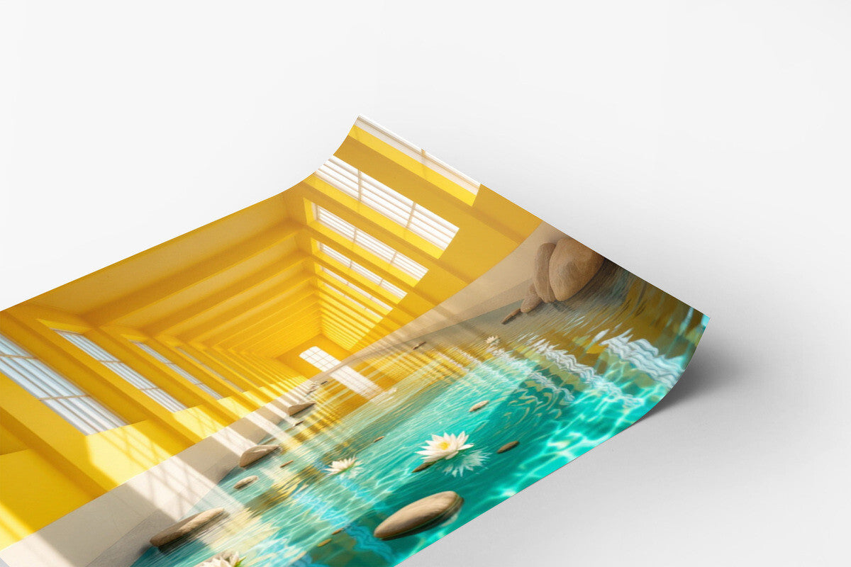 A Turquoise River in a Yellow Hall with Rocks, Water Lilies Poster Print 18 x 24 in