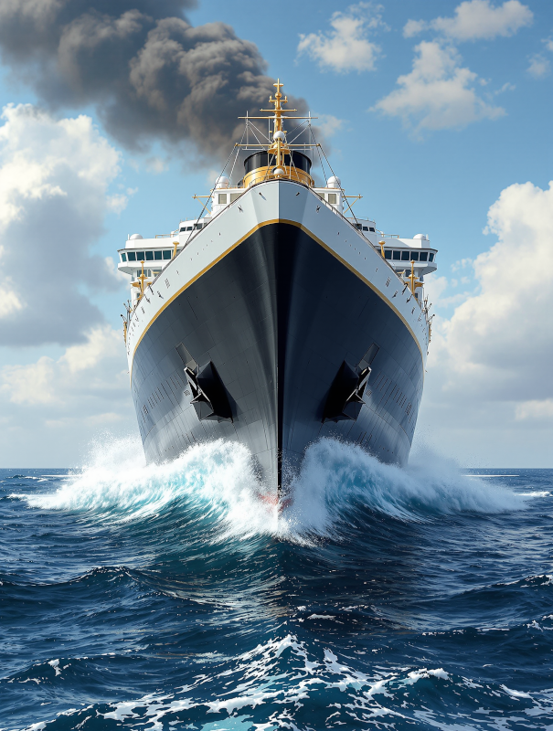 A large, majestic cruise ship with a black and white color scheme is seen sailing through the open ocean, leaving a large wake behind it as it cuts through the waves.