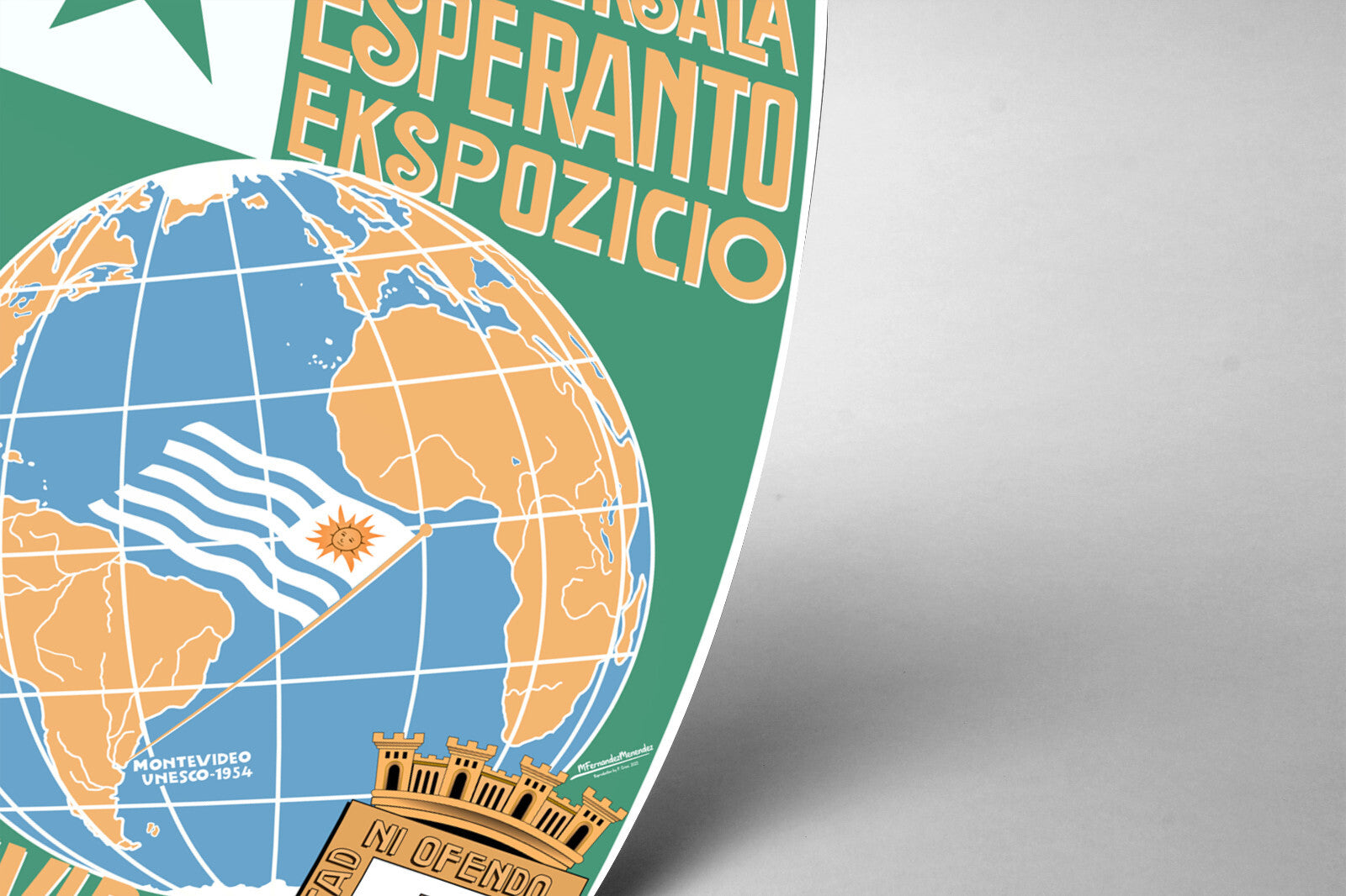 The image is a poster featuring a globe with a flag, and there is text on the poster.