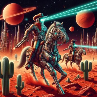 Wild West in the Future Cowboys Robot Horses Space Planet Poster Print 24 x 24 in
